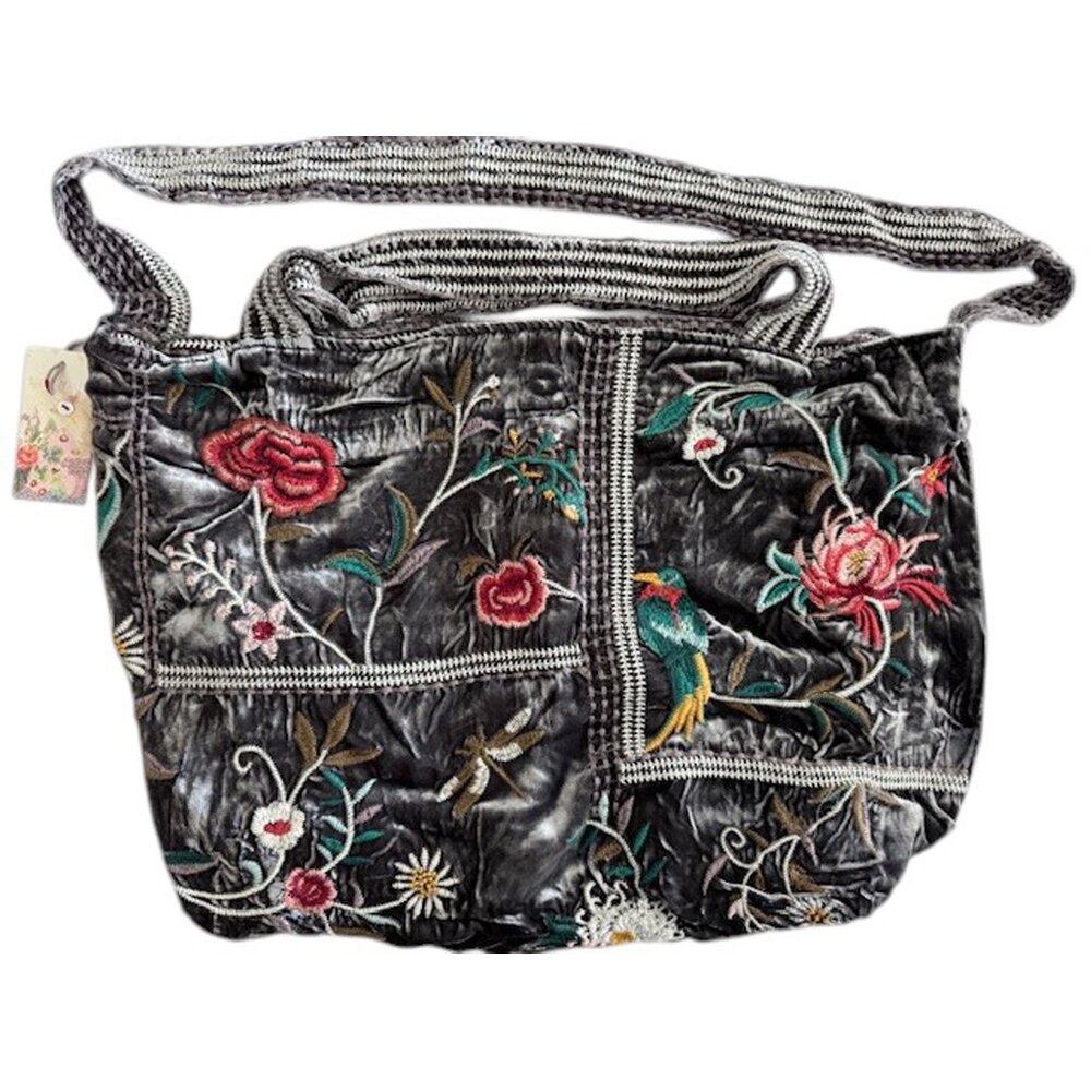 Johnny Was Uriah Velvet Handbag Grey Pewter Embroidery Flower Tote Bag Large NEW